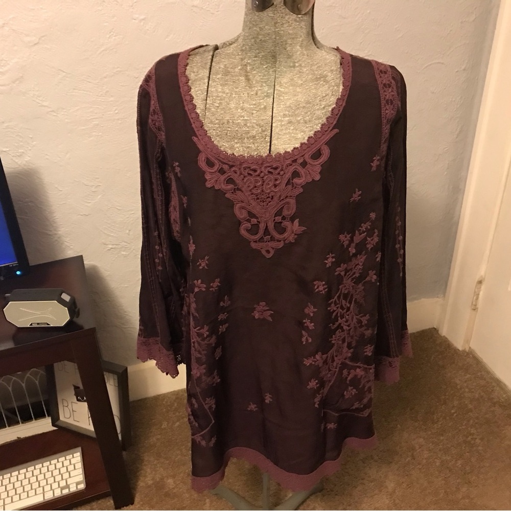 Johnny Was Womens Purple Embroidered Tunic Top Size L